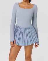 Long Sleeve Pleated Tennis Dress with Short and Pocket