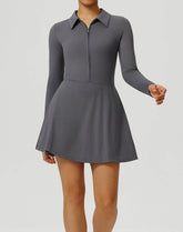 Long Sleeve Zip Polo Collar Tennis Dress with Built in Short