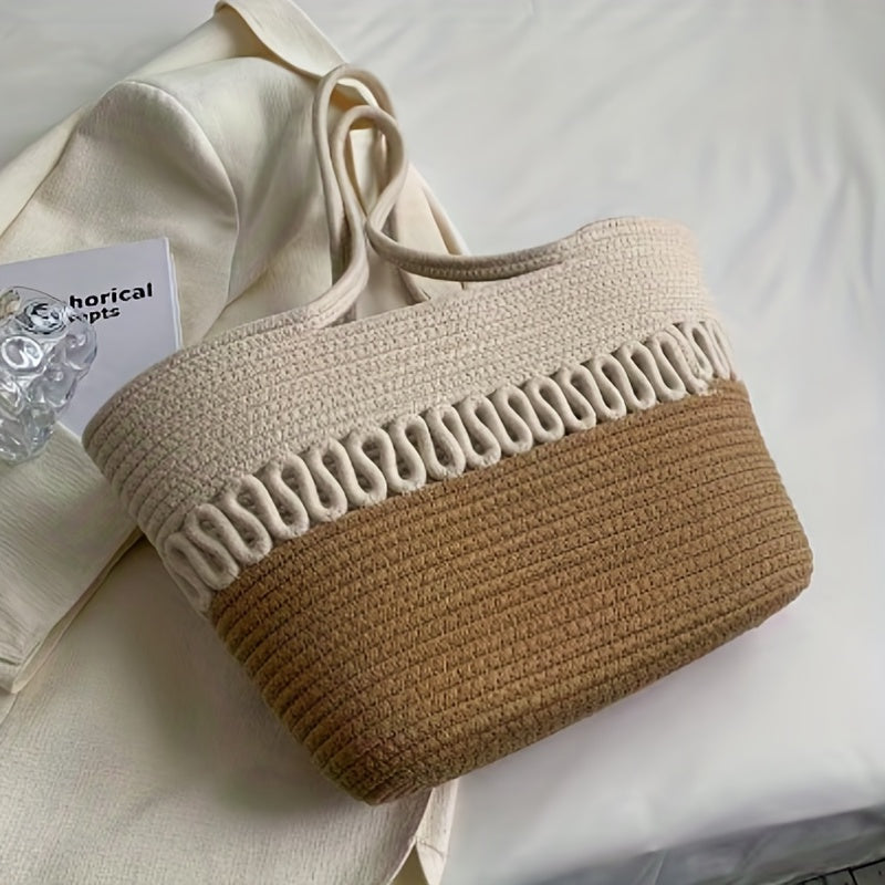 Khaki Beach Straw Tote Bag