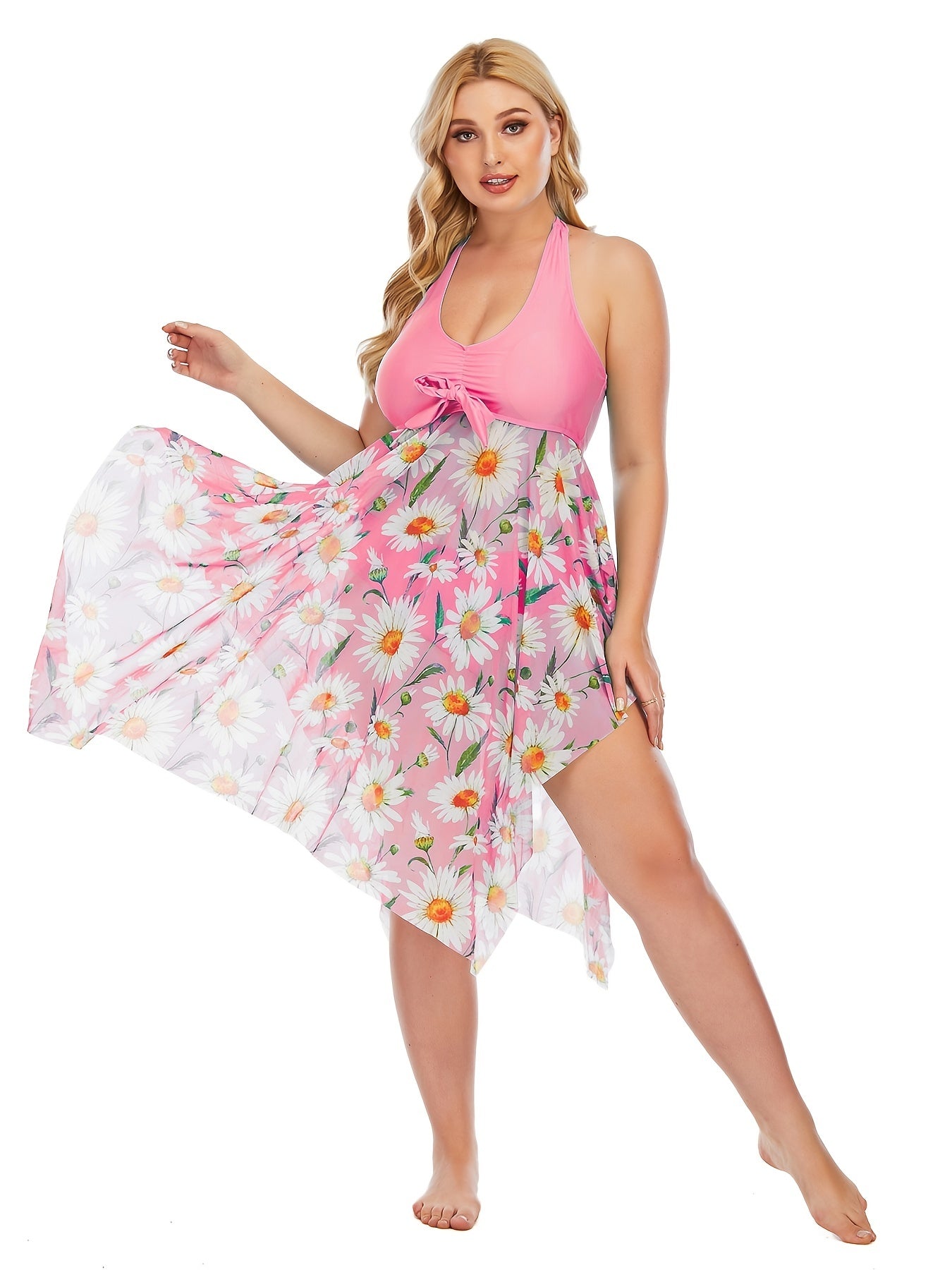 Plus Size Floral Print Irregular Hem Dress &amp; Panty Swimsuit Set