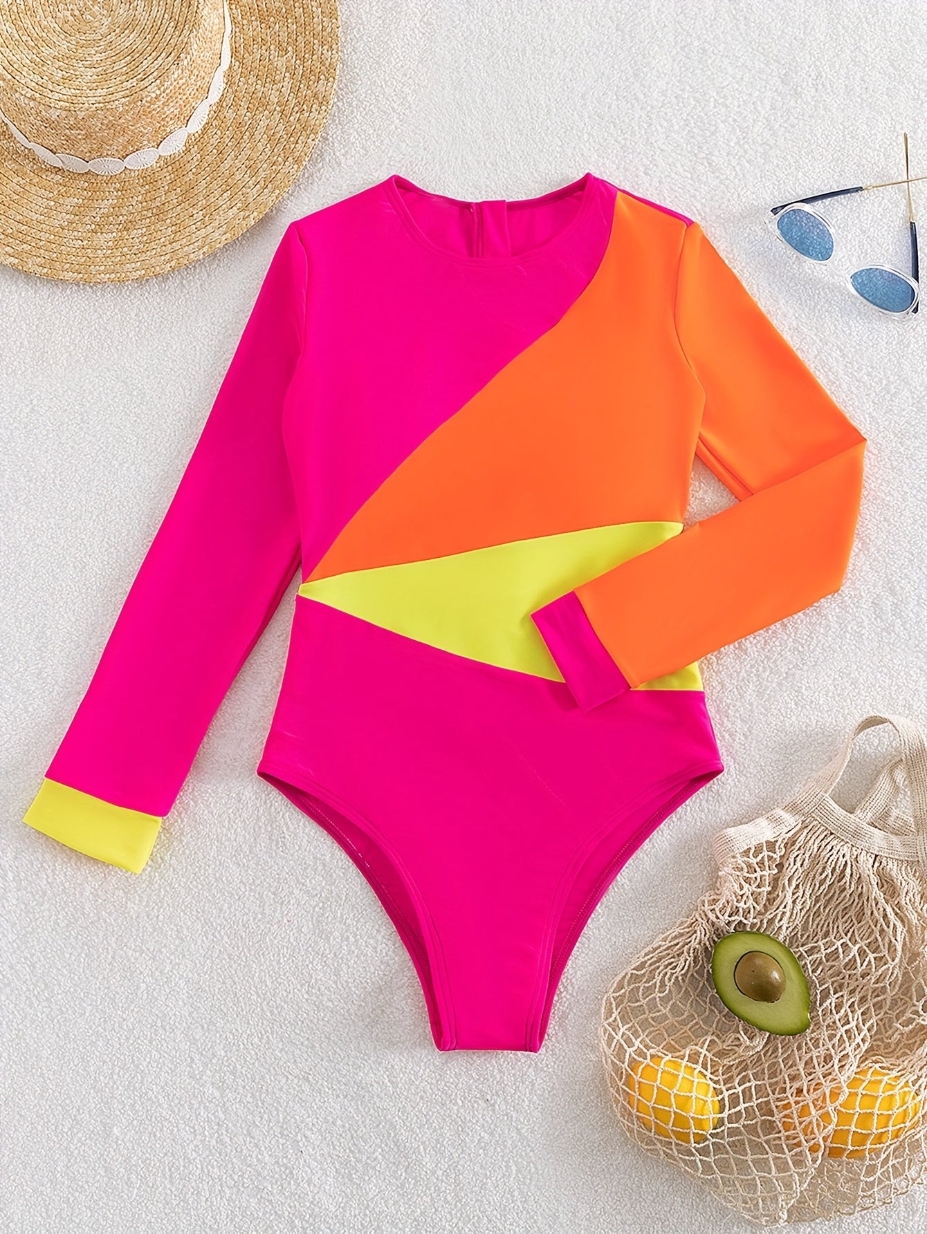 Color Block Zipper Long Sleeve One-piece Swimsuit