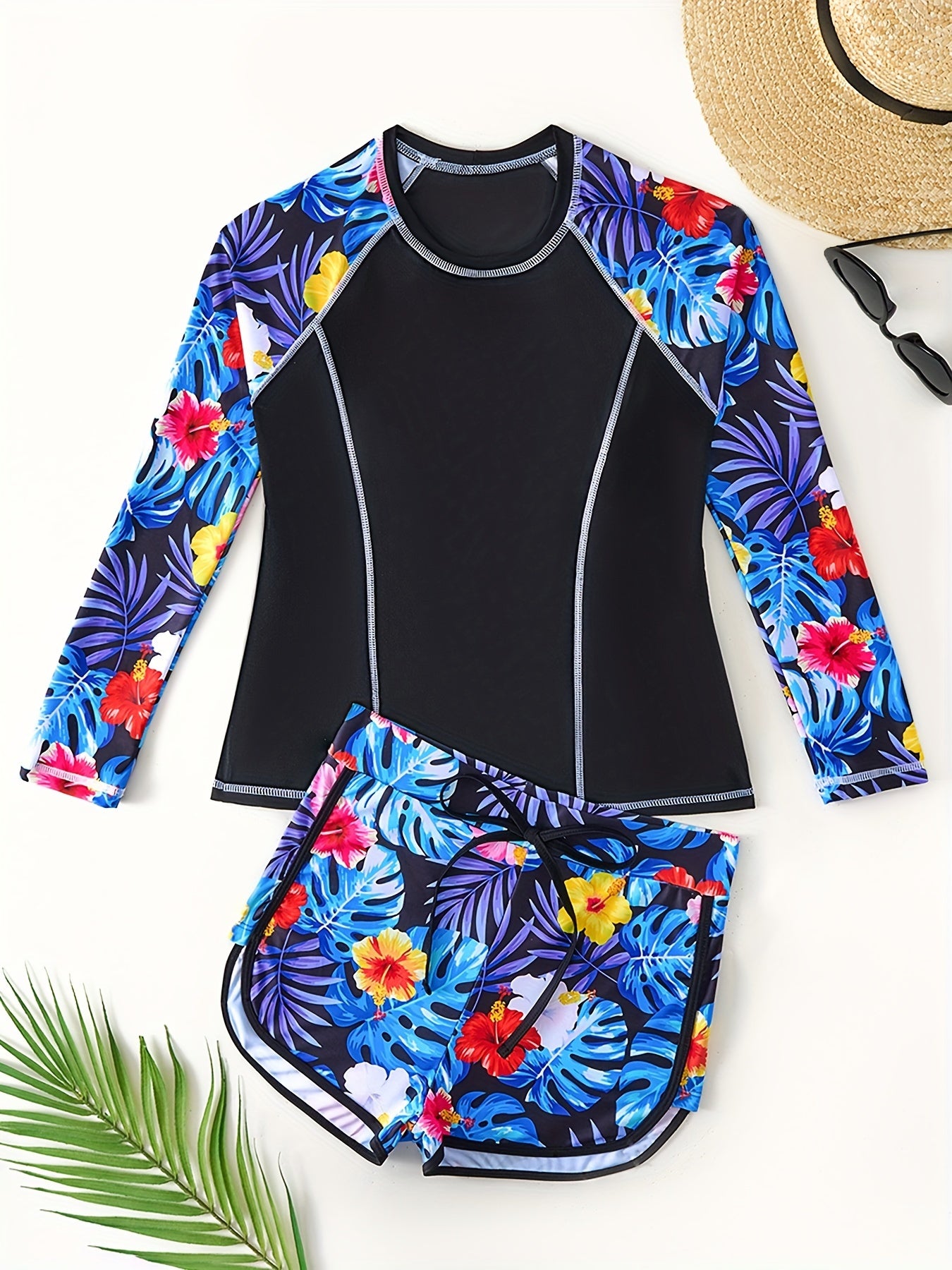 Tropical Print 2 Piece Long Sleeves Swimsuits