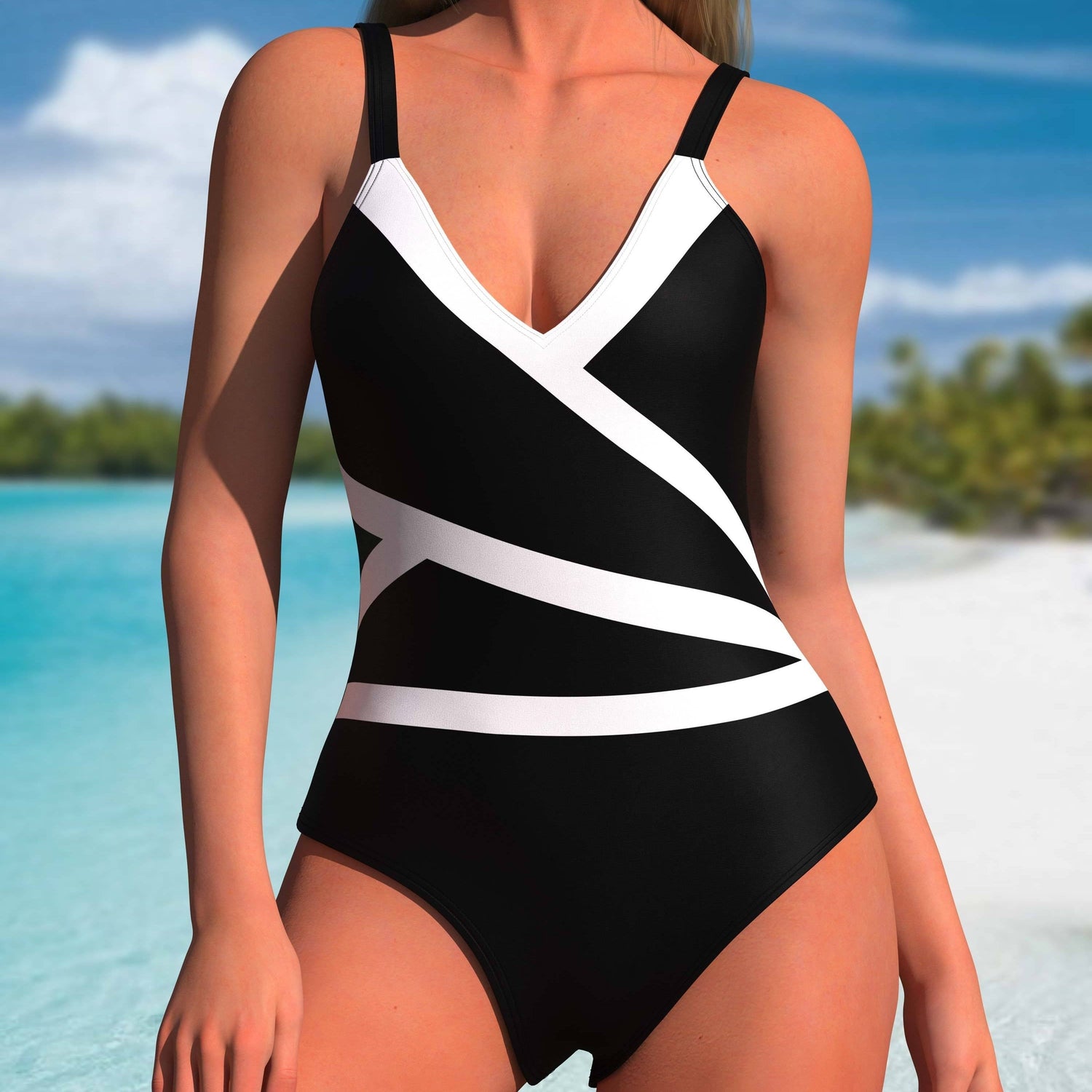 Black &amp; White Color Block V Neck One-piece Swimsuit