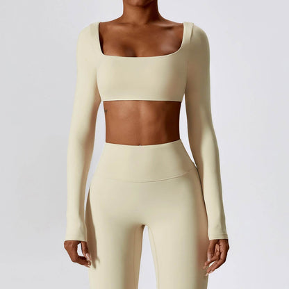 Square Neck Yoga Crop Tops Long Sleeve T-Shirt