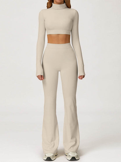 Sport Set with Turtleneck Long Sleeve Crop Top and Flared Pant