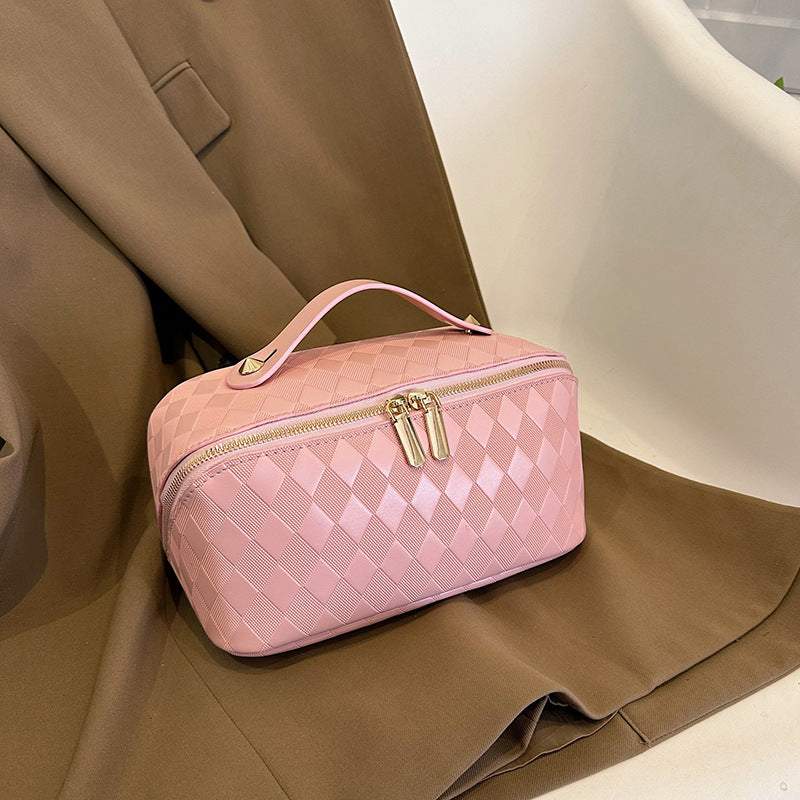 PU Leather Diamond Lattice Makeup Bag | Perfect for Travel and Home