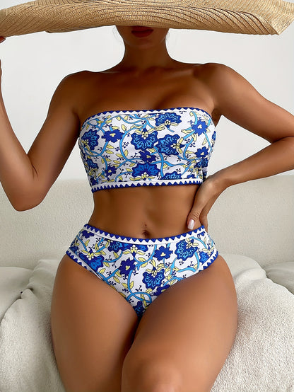 Floral Print Whip Stitch Bandeau Bikini Set