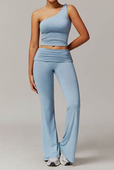 Active Wear Set with One Shoulder Knot Design Tank Top and Flare Pants