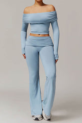 Active Wear Set with Long Sleeve Off Shoulder Crop Top and Flare Pants