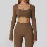 Long Sleeve Crop Top Yoga T-Shirt with Built in Bra