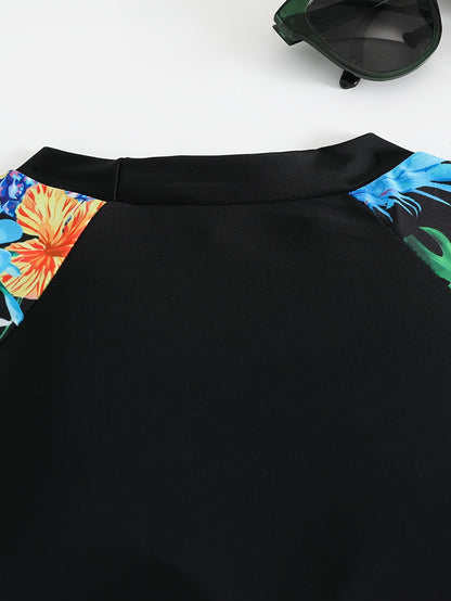 Tropical Chic Long Sleeve Patchwork Tankini Set