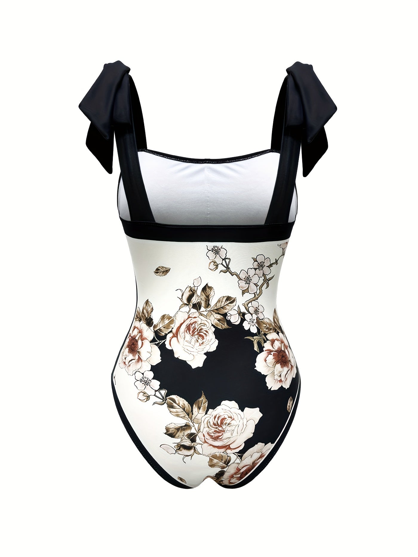 Floral Pattern 2 Piece Swimsuits with Bow Tie Shoulder Straps One-piece Bathing-suit &amp; Cover Up Skirt