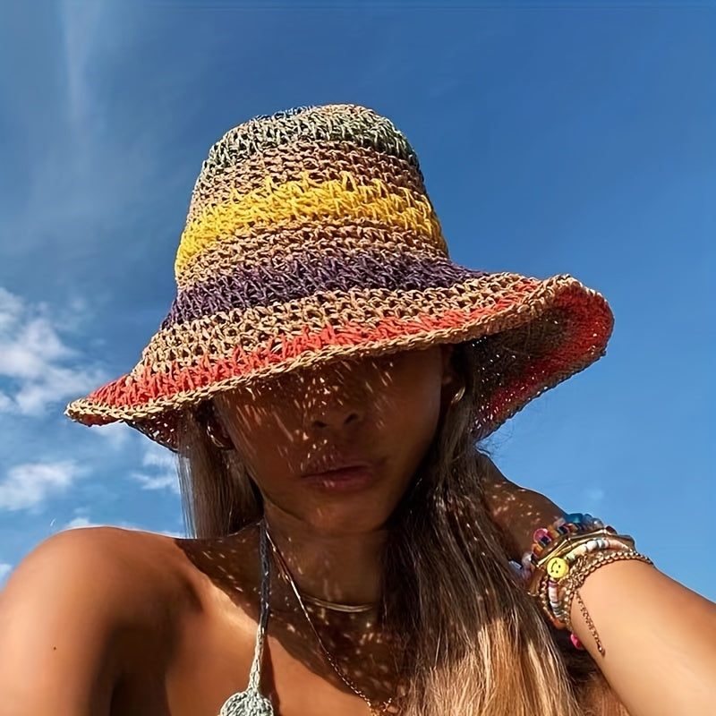 Rainbow Sun Protection Crochet Bucket Hat for Summer Vacation