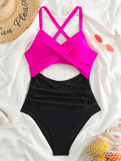 Color Block Twist Cut Out Stretchy One-piece Swimsuit