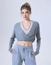 Long Sleeve Fake Two Piece Crop Top V Neck Yoga T-Shirt