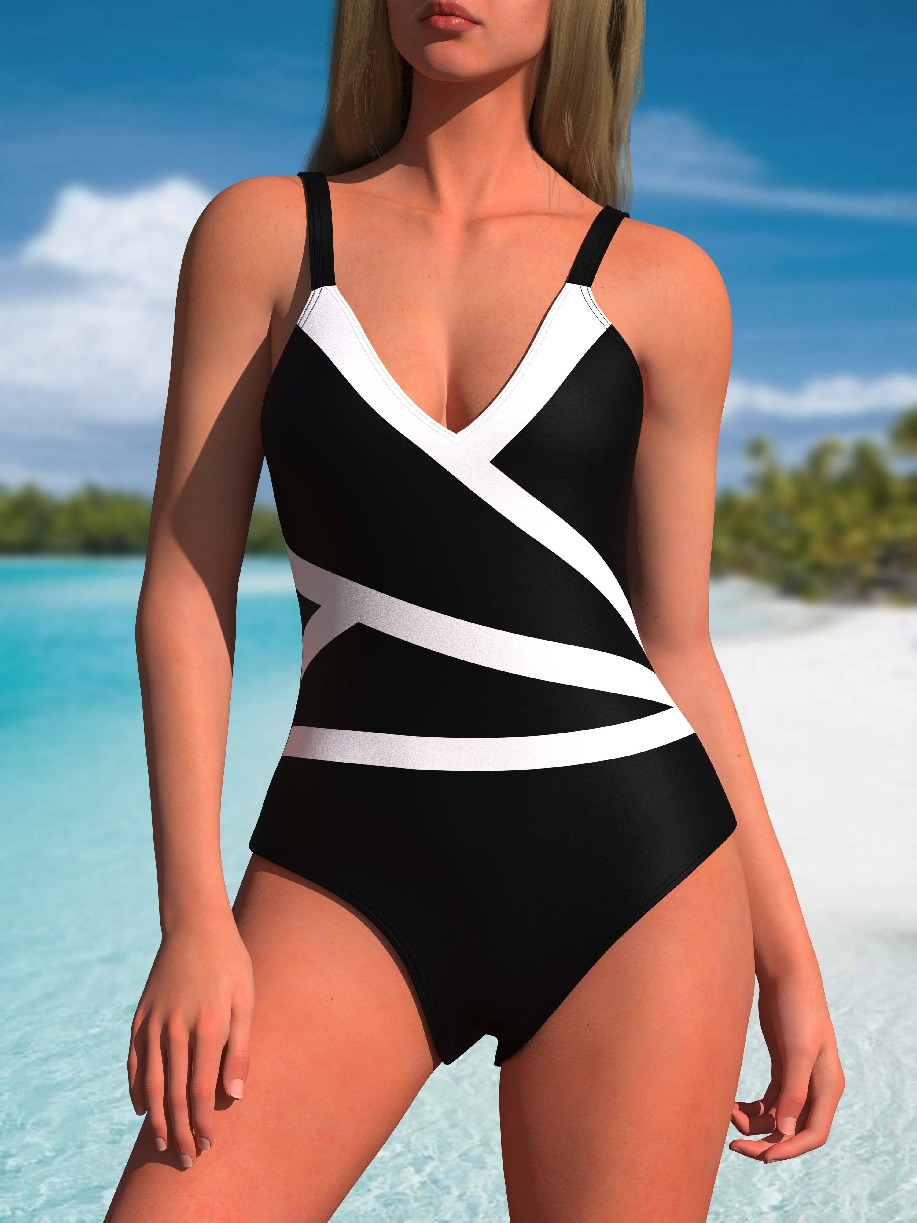 Black &amp; White Color Block V Neck One-piece Swimsuit