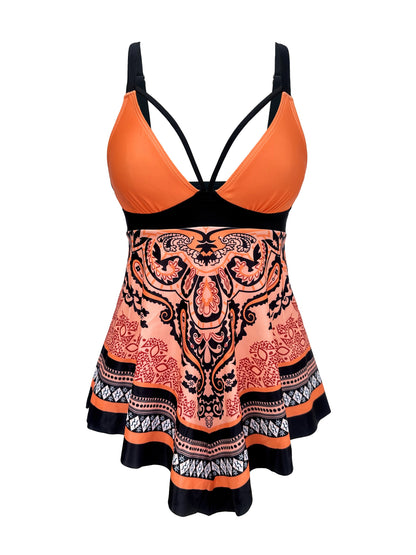 Tribal Print V Neck Hanky Hem High Cut Swimsuits