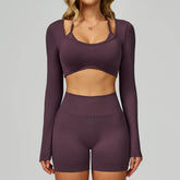 Backless Long Sleeve Workout Crop Top Gym Shirt with Halter