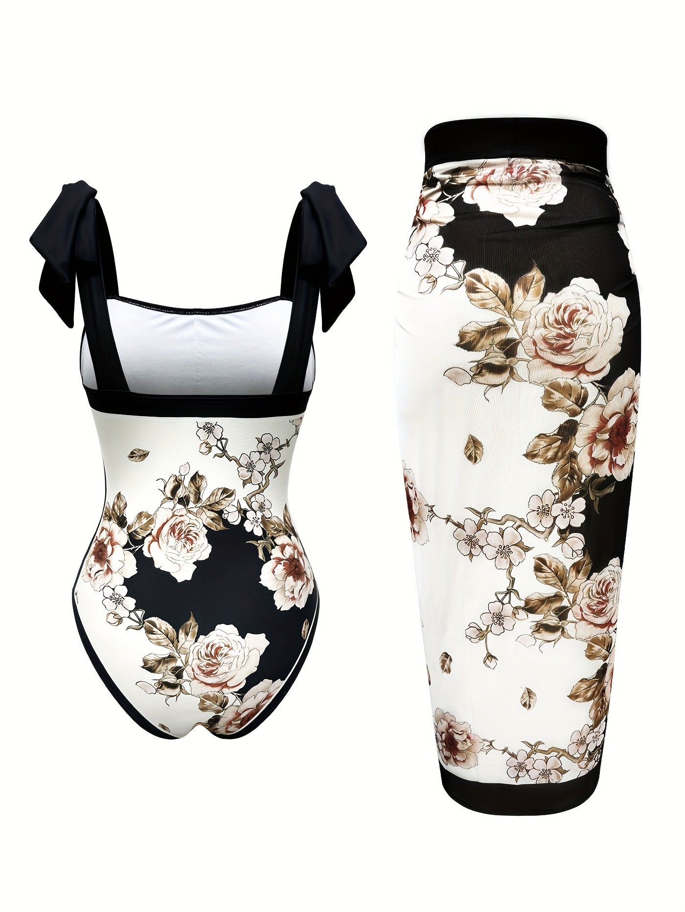 Floral Pattern 2 Piece Swimsuits with Bow Tie Shoulder Straps One-piece Bathing-suit &amp; Cover Up Skirt