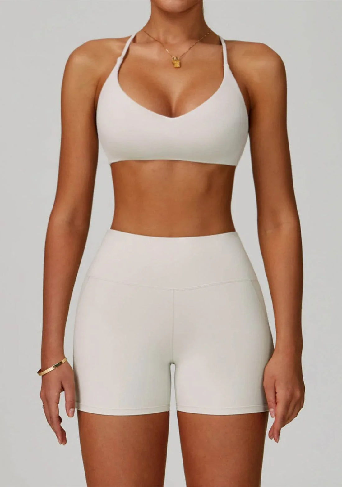 Activewear Set with Cross Back Sports Bra and Short - Light Apricot