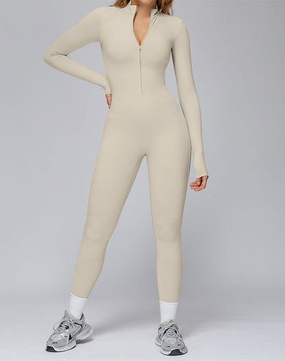 Long Sleeve Yoga Jumpsuit Zip Up Bodysuit with Chest Pads