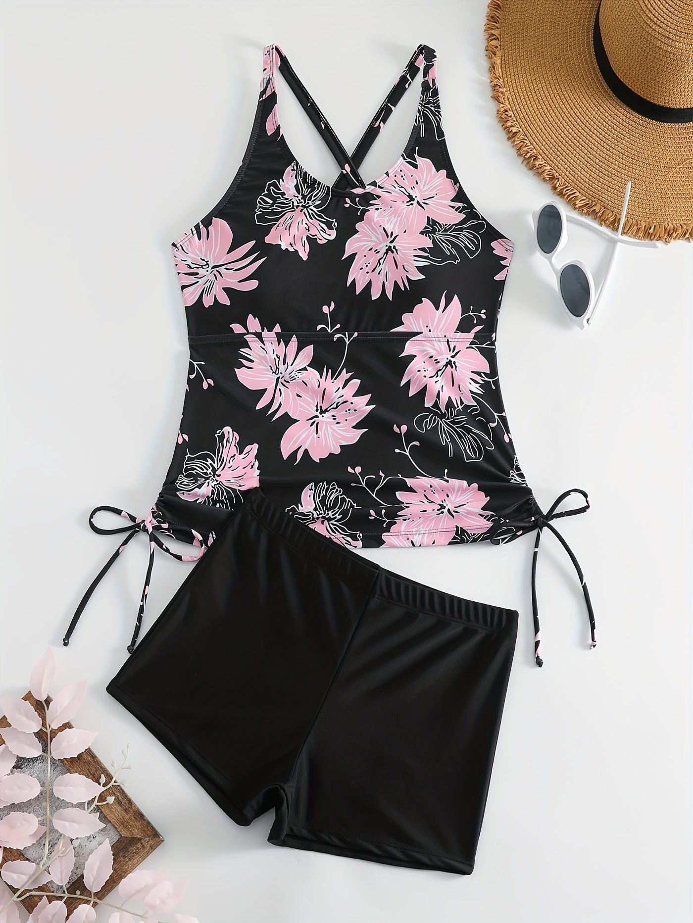 Floral Print Drawstring Criss Cross 2 Piece Tankini Set