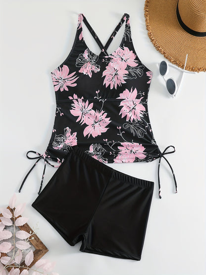 Floral Print Drawstring Criss Cross 2 Piece Tankini Set