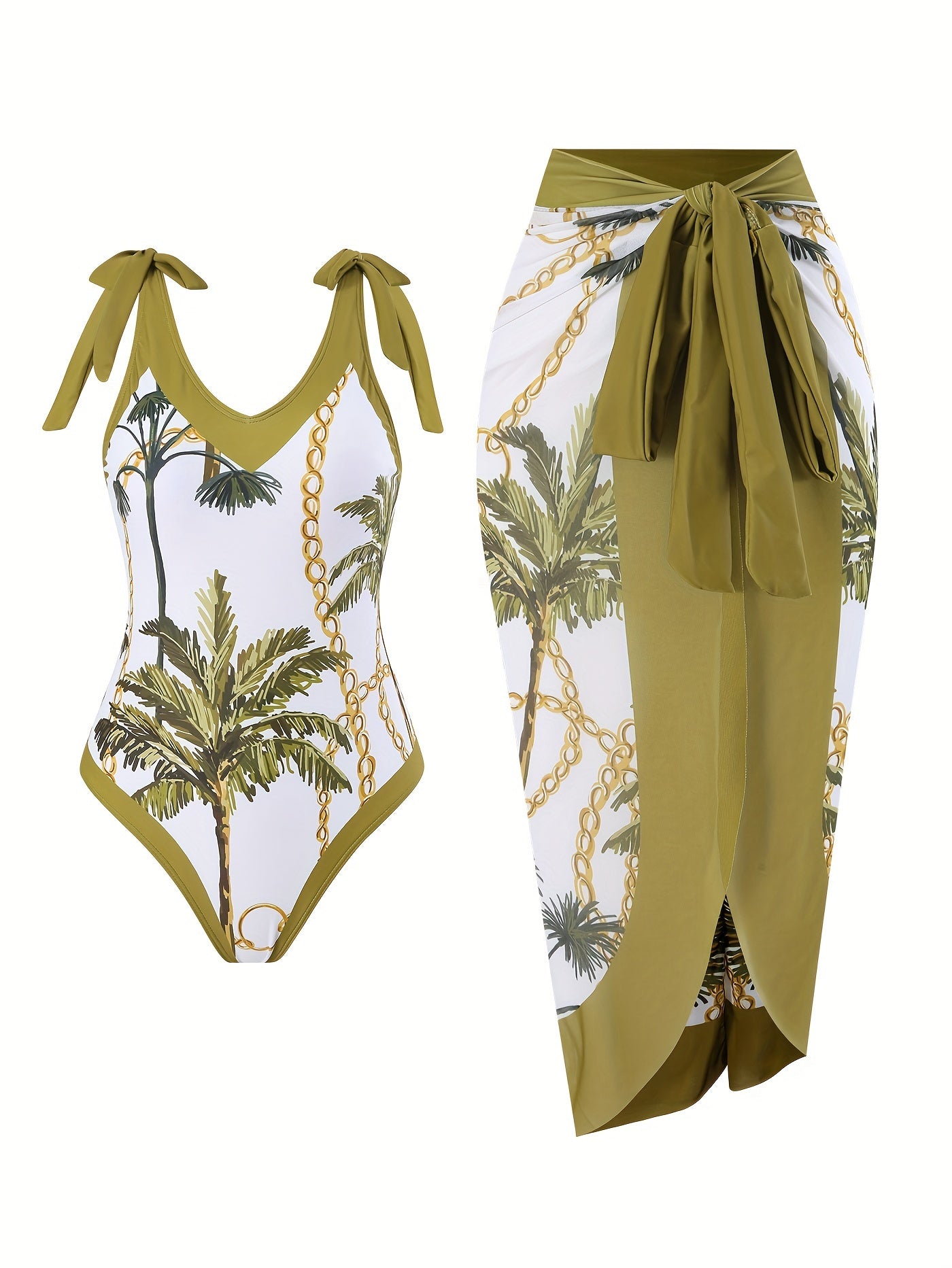 2 Piece Stretchy Coconut Tree Chain Print Swimsuits