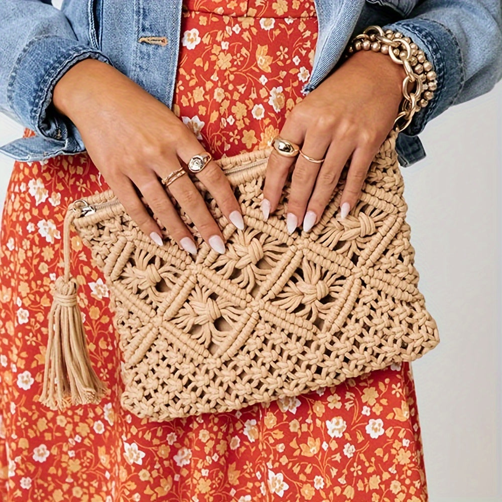 Geometric Print Fabric Straw Woven Clutch Bag