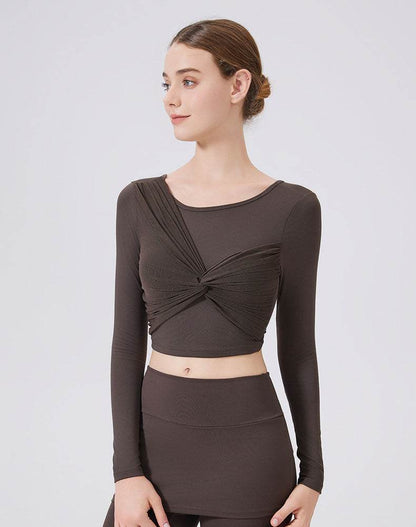 Mesh Twist Front Long Sleeve T-Shirts Round Neck Crop Tops