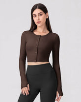 Long Sleeve Button Up Cropped Cardigan Crew Neck Tops