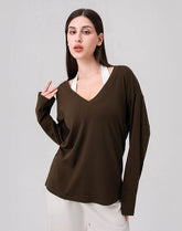 Loose V Neck Loose Long Sleeves T-Shirts Casual Yoga Tops