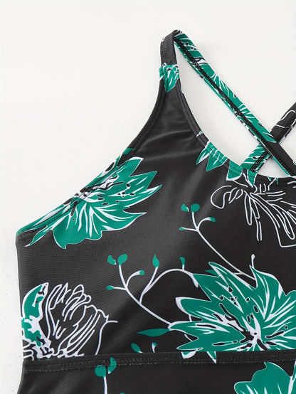 Floral Print Drawstring Criss Cross 2 Piece Tankini Set