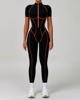 Three Dimensional Line Sports Backless Short Sleeve Jumpsuit