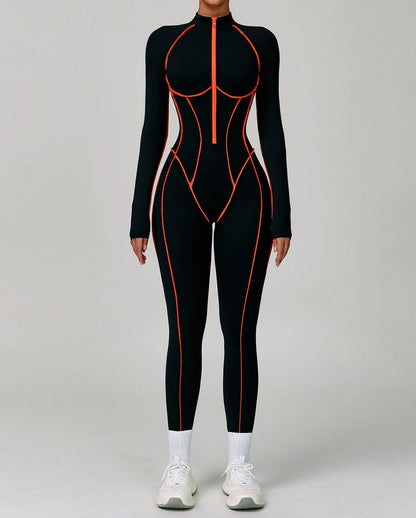 Three Dimensional Line Sports Backless Long Sleeve Jumpsuit