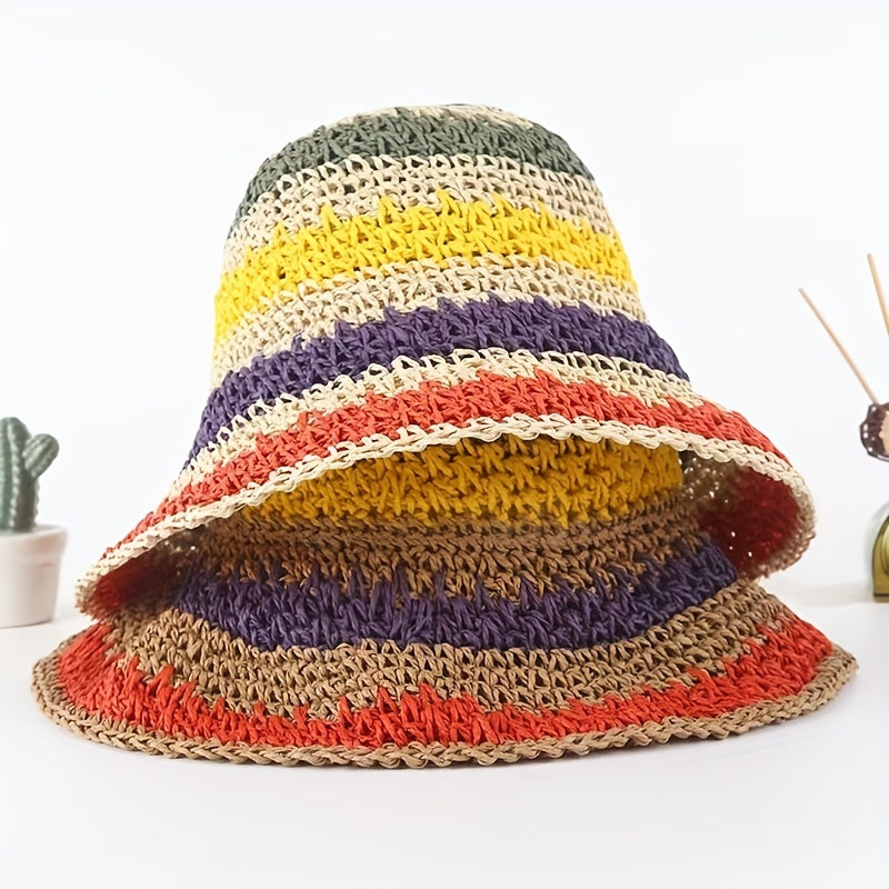 Rainbow Sun Protection Crochet Bucket Hat for Summer Vacation