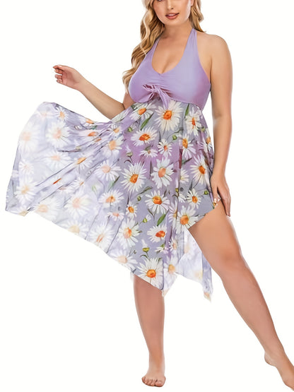 Plus Size Floral Print Irregular Hem Dress &amp; Panty Swimsuit Set