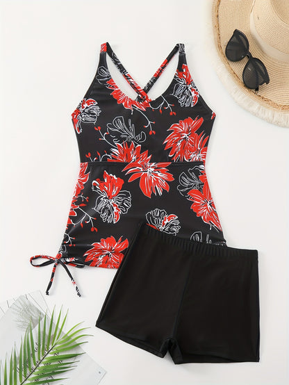 Floral Print Drawstring Criss Cross 2 Piece Tankini Set