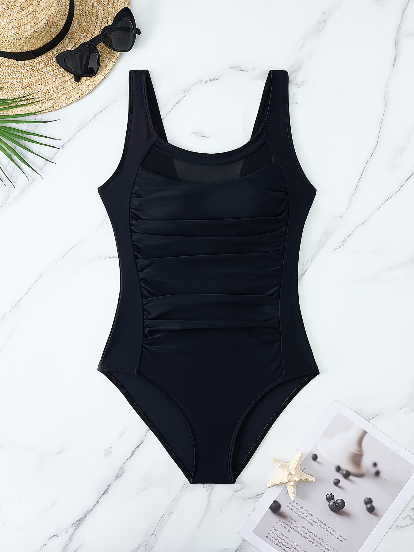 High Stretch V-Neck Tummy Control Contrast Mesh One-Piece Swimsuit for Women