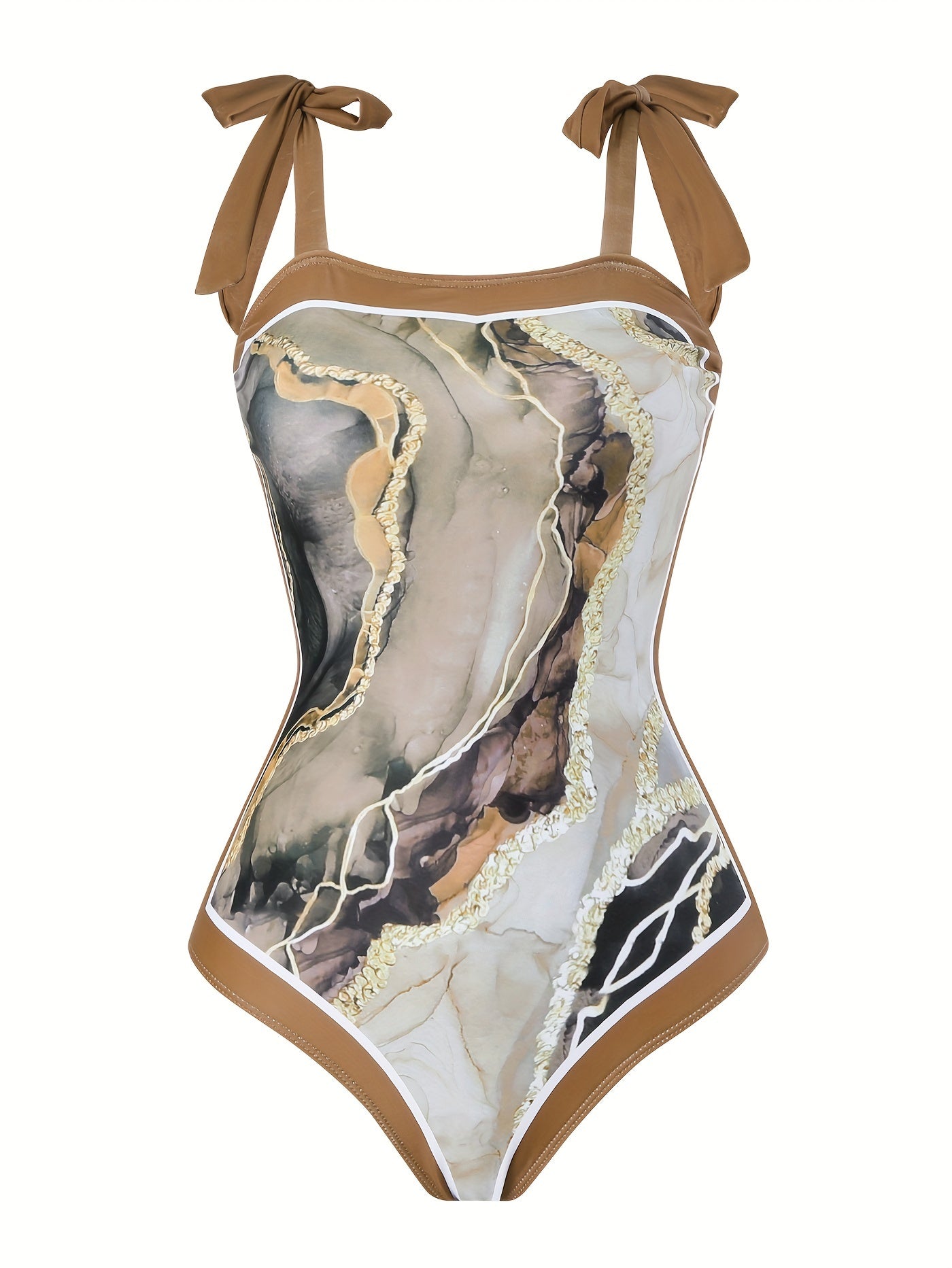 Chic Brown Marble Print Swimsuit Set