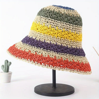 Rainbow Sun Protection Crochet Bucket Hat for Summer Vacation