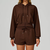 Long Sleeve Full Zip Up Crop Drawstring Hoodie Jacket