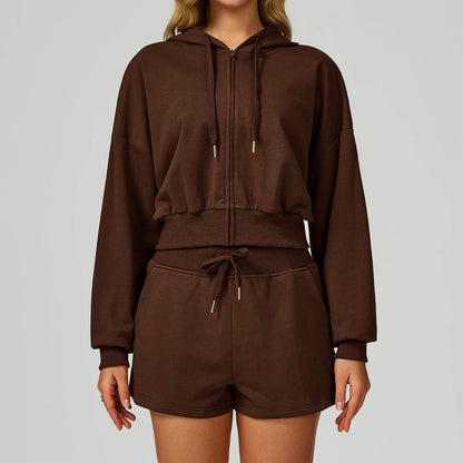 Long Sleeve Full Zip Up Crop Drawstring Hoodie Jacket