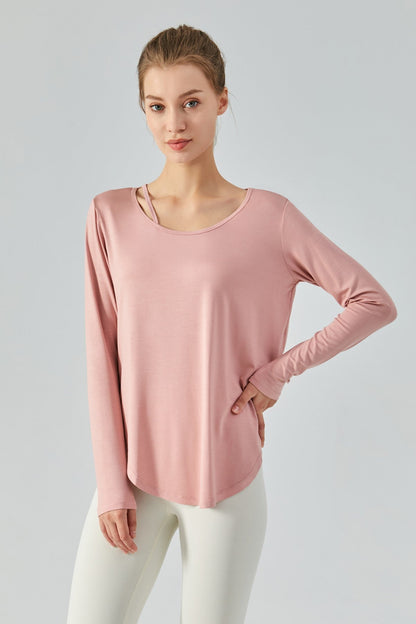 Crew Neck Long Sleeve Curved Hem Tops for Stylish Comfort and Fit