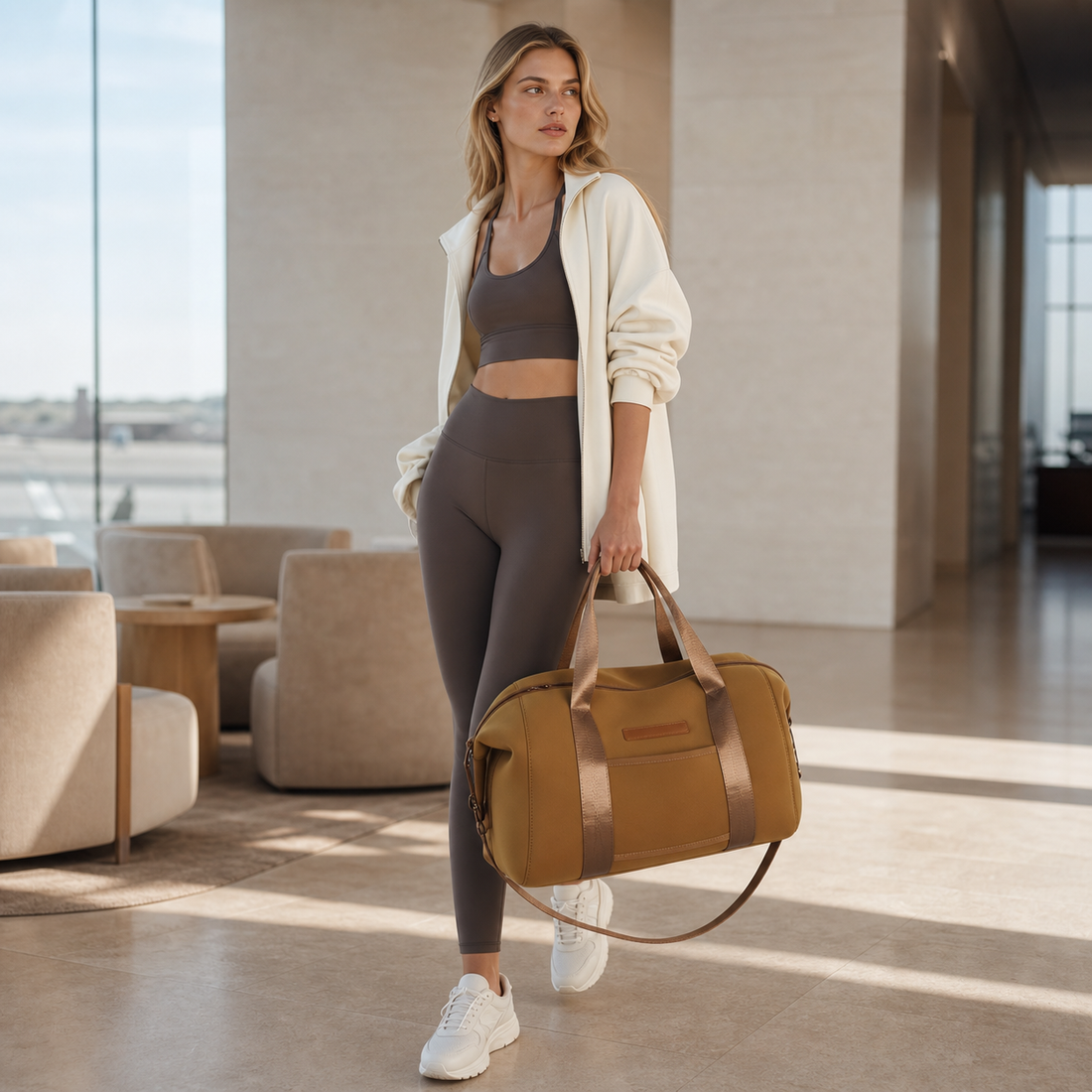Large Carryall Neoprene Travel Bag in brown styled for premium travel and active lifestyle