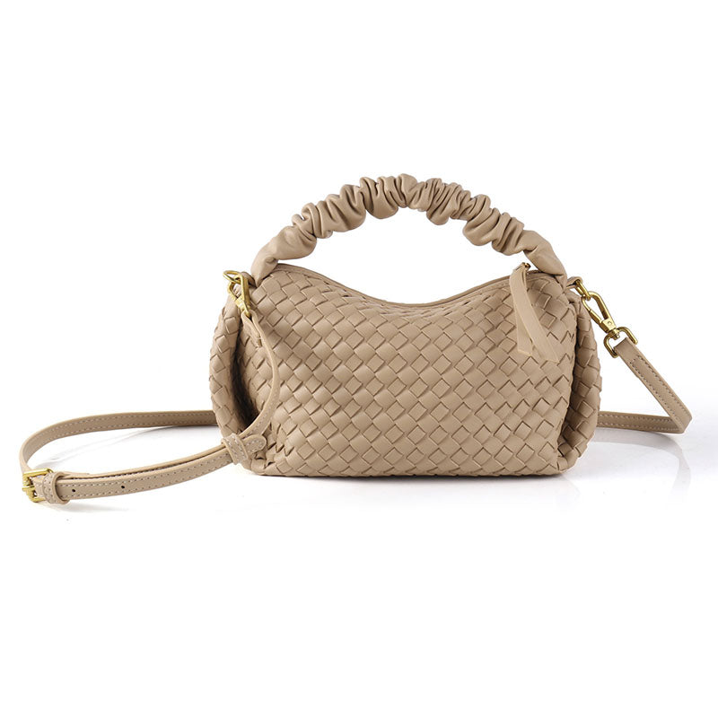 PU Leather Woven Handbag with Pleated Mushroom Edge