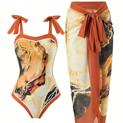 Chic Brown Marble Print Swimsuit Set