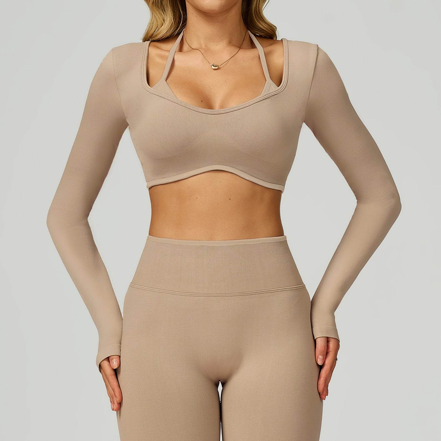 Backless Long Sleeve Workout Crop Top Gym Shirt with Halter