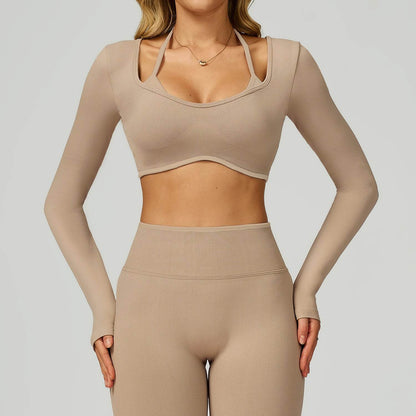 Backless Long Sleeve Workout Crop Top Gym Shirt with Halter