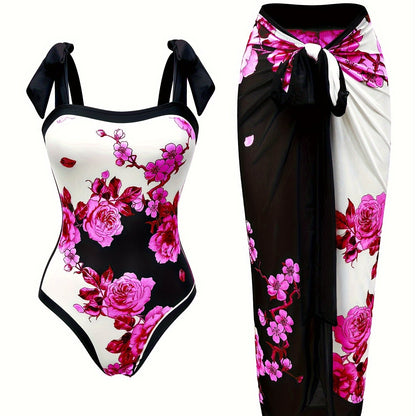 Floral Pattern 2 Piece Swimsuits with Bow Tie Shoulder Straps One-piece Bathing-suit &amp; Cover Up Skirt